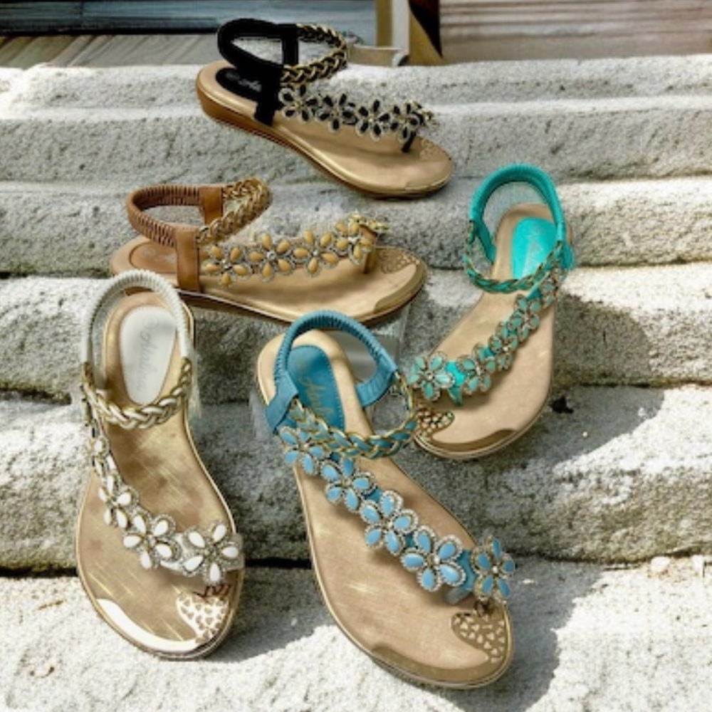 Restock! Italina Green Daisy Flower Rhinestone Gold Woven Slingback Sandal - Picture 14 of 15